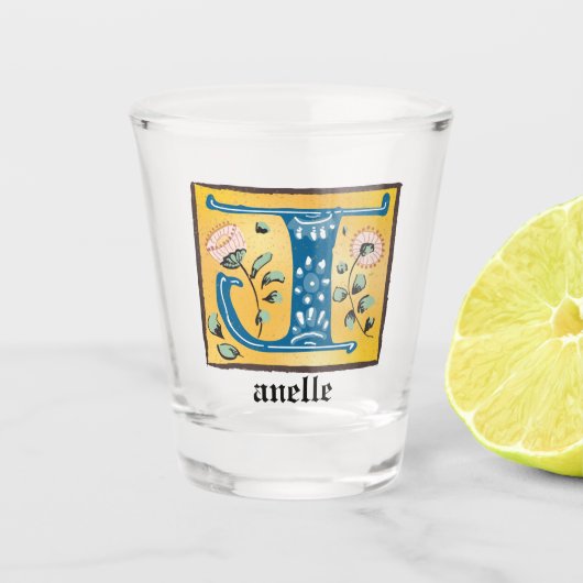 mittelalterliche blorbeleuchtete Buchstaben J Mono Schnapsglas (Vorderseite)