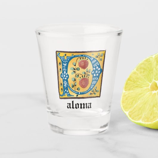 mittelalterliche blorleuchte Letter P Monogramm Schnapsglas (Vorderseite)