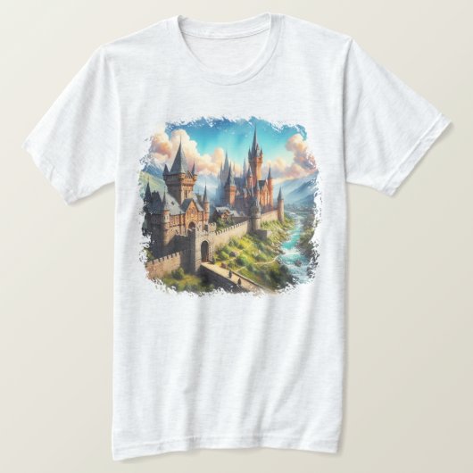 Mittelalterliche Burg im Tal des Massivs T-Shirt (Design vorne)