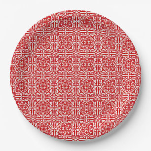 Mittelalterliche Damaske Fleur-de-lis, rot-weiß Pappteller