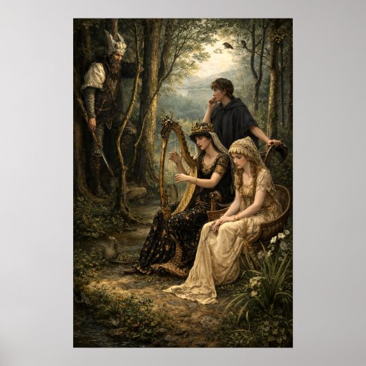 Mittelalterliche Fee-Königin im Wald mit Harfe Poster (Vorne)