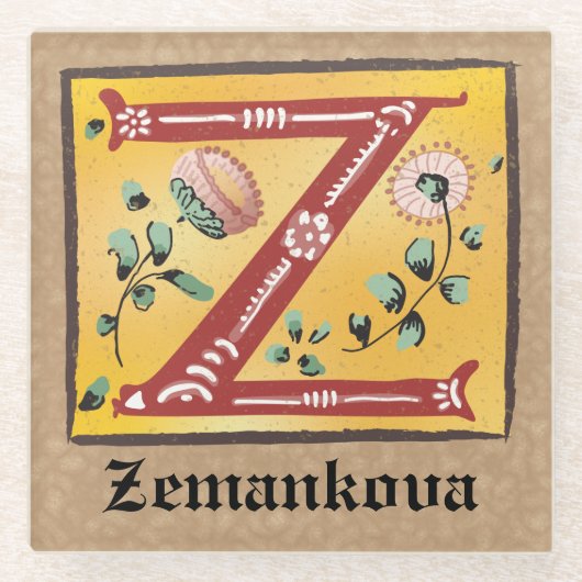 mittelalterliche florale Andeutung Z Monogramm Glasuntersetzer (Vorderseite)