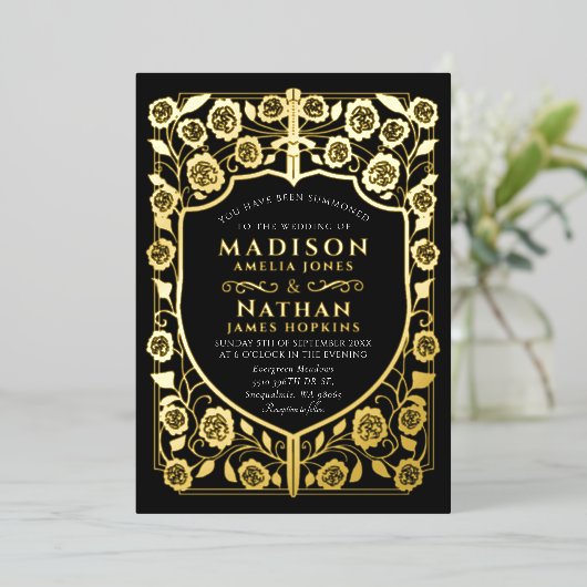 Mittelalterliche Hochzeit des Schwarzen Schwertsch Folieneinladung (Stehend vorne)