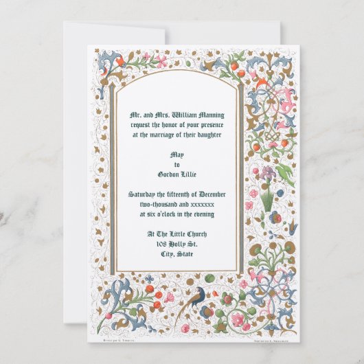 Mittelalterliche Hochzeiten von erleuchteten Vögel Einladung (Vorderseite)