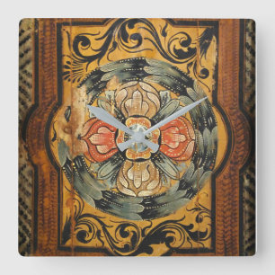 mittelalterliche Holzmalerei Kunst vintage alt Got Quadratische Wanduhr