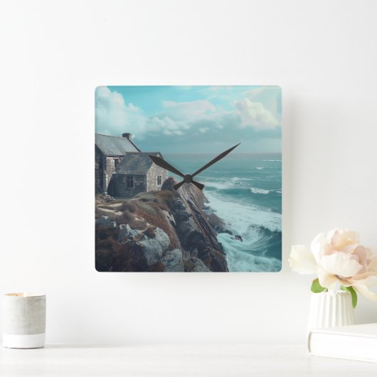 Mittelalterliche Hütte auf einer Klippe Quadratische Wanduhr (Zuhause)