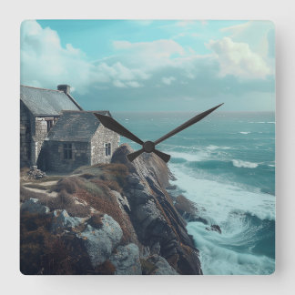 Mittelalterliche Hütte auf einer Klippe Quadratische Wanduhr