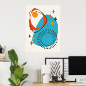 Mittelalterliche moderne Atomblau-Rot-Orange Abstr Poster (Heimbüro)