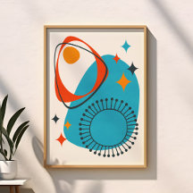 Mittelalterliche moderne Atomblau-Rot-Orange Abstr