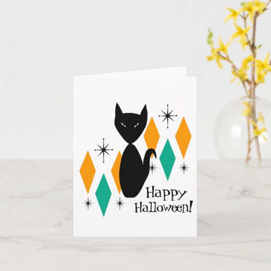 Mittelalterliche moderne Black Cat Happy Halloween Karte (Gelbe Blume)