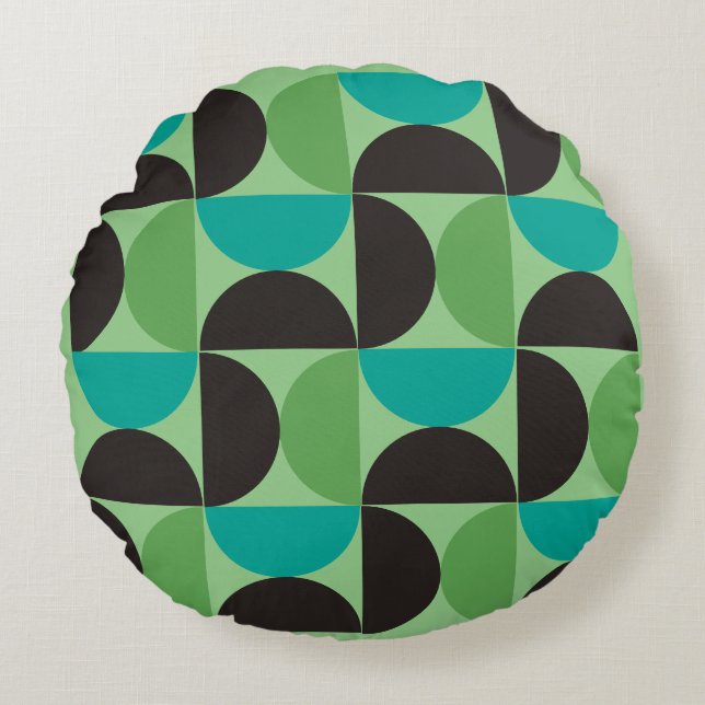 Mittelalterliche Moderne Braun Grün und Türkis Rundes Kissen (Vorderseite)