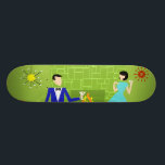 Mittelalterliche moderne Luppenkarte Skateboard<br><div class="desc">Dieses moderne Skateboard aus dem Mittelalter sieht aus wie eine Szene aus einer romantischen Komödie. Das minimalistische Design der 1960er Jahre besticht durch ein attraktives Cartoon-Paar, das einen romantischen Abend an der Zuhause genießt. Der elegante Raum ist mit einer grünen Steinmauer und einem Kamin ausgestattet. Die Ausstattung umfasst einen orangefarbenen...</div>