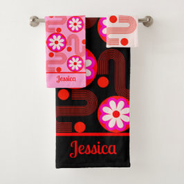 Mittelalterliche Moderne rosa schwarz roter Blüten Badhandtuch Set