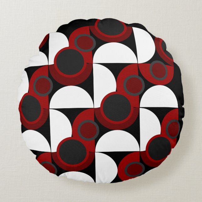 Mittelalterliche Moderne Rot, Schwarz und Grau Rundes Kissen (Vorderseite)