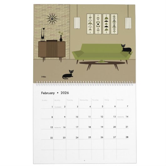 Mittelalterliche, moderne schwarze Katzen Kalender (Feb 2026)