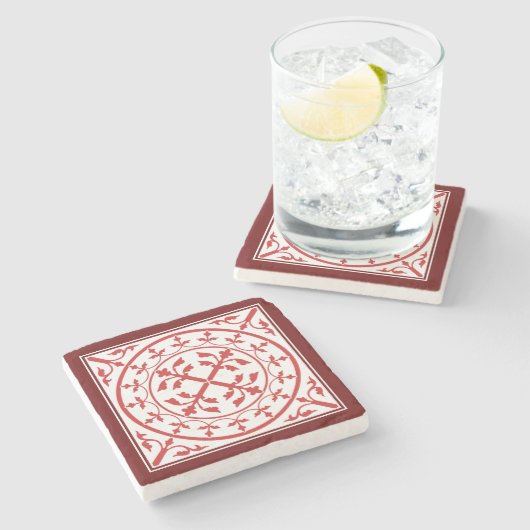 Mittelalterliche Rote Marmorreine Blätter Romanesq Steinuntersetzer (Seitenansicht)