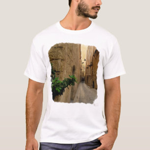 Mittelalterliche schmale Straße große Gebäude und T-Shirt