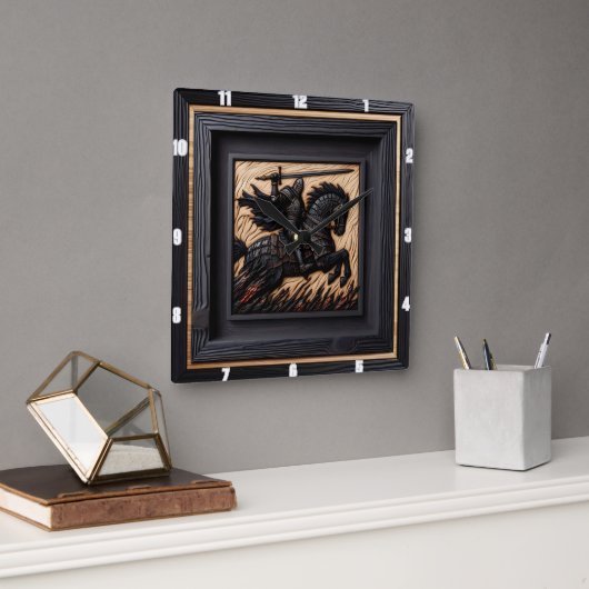 Mittelalterliche Schöpfung: Hue Steed Wood Art Quadratische Wanduhr (Büro)