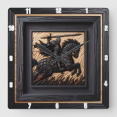 Mittelalterliche Schöpfung: Hue Steed Wood Art Quadratische Wanduhr (Vorderseite)