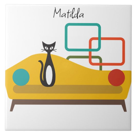 Mittelalterliche schwarz-weiße Katze auf dem Sofa. Fliese (Vorderseite)