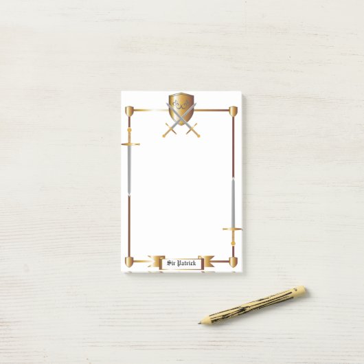 Mittelalterliche Schwert- und Schildkrötennotizen Post-it Klebezettel (Auf Schreibtisch)