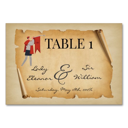 Mittelalterliche Scrollhochzeit Tischnummer (Vorderseite)