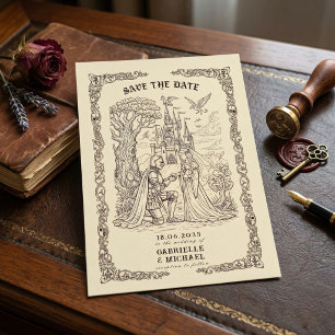 Mittelalterliche Sepia-Illustration Märchenhochzei Save The Date
