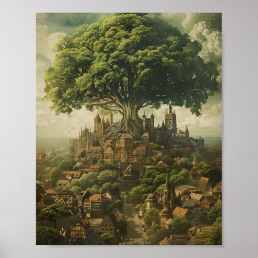 Mittelalterliche Stadt mit Riesenbaum Poster (Vorne)