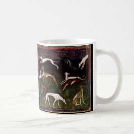 Mittelalterliche Windhund-Hunde im tiefen Holz Kaffeetasse