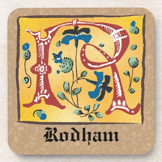 mittelalterlicher blorbeleuchteter Letter R Monogr Getränkeuntersetzer (Vorderseite)