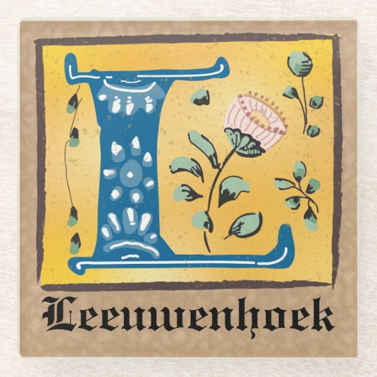 Mittelalterlicher blutlichter Letter L Monogramm Glasuntersetzer (Vorderseite)
