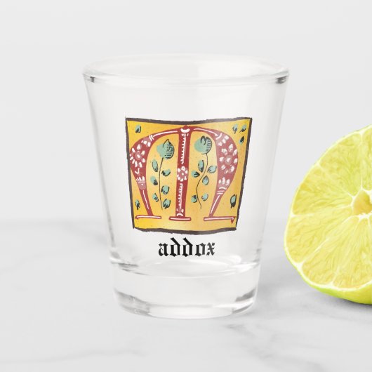 mittelalterlicher blutlichter Letter M Monogramm Schnapsglas (Vorderseite)