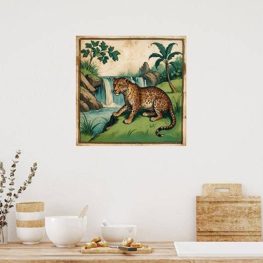Mittelalterlicher Charmanter Wasserfall Leopard Poster (Küche)