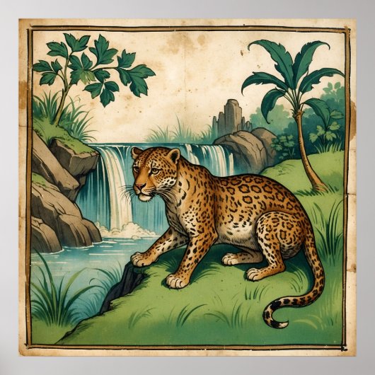 Mittelalterlicher Charmanter Wasserfall Leopard Poster (Vorne)