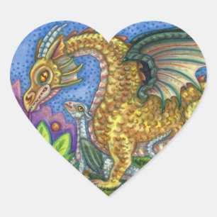 MITTELALTERLICHER DRACHE & JUNGE, BUNTE VOLKSKUNST Herz-Aufkleber