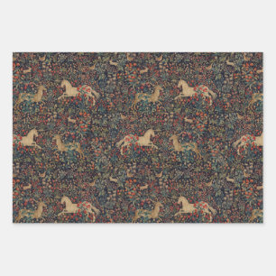 Mittelalterlicher Einhorn-Mitternachts-Blumengarte Geschenkpapier Set