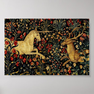 Mittelalterlicher Einhorn-Mitternachts-Blumengarte Poster