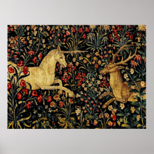 mittelalterlicher Einhorn-Mitternachts-Blumengarte Poster