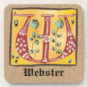 mittelalterlicher, floraler Buchstabe W Monogramm Getränkeuntersetzer (Vorderseite)