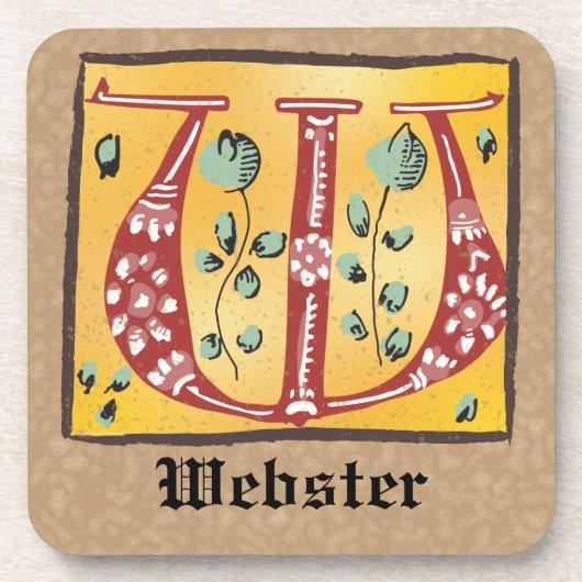 mittelalterlicher, floraler Buchstabe W Monogramm Getränkeuntersetzer (Vorderseite)