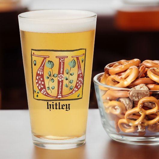 mittelalterlicher, floraler Buchstabe W Monogramm Glas