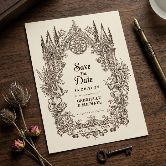 Mittelalterlicher gotischer Drache Greif altes Pap Save The Date