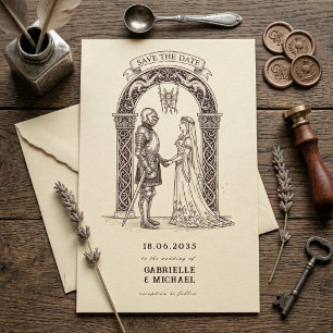 Mittelalterlicher gotischer Ritter Sepia-Hochzeit Save The Date