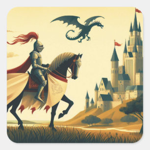 Mittelalterlicher Ritter/Drache/Burgfantsänger Quadratischer Aufkleber