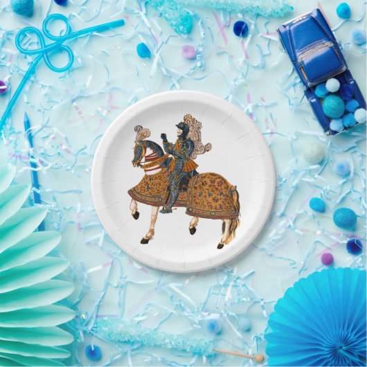 Mittelalterlicher Ritter im Rüstzeug auf Pferd Pappteller (Party)