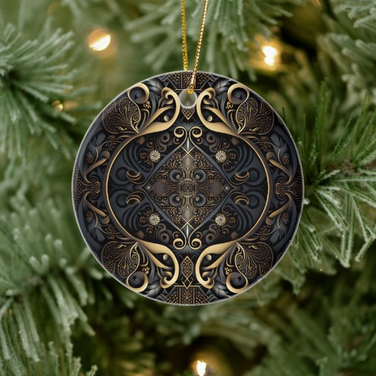 Mittelalterlicher Schwarz- und Goldschild Keramik Ornament (Baum)