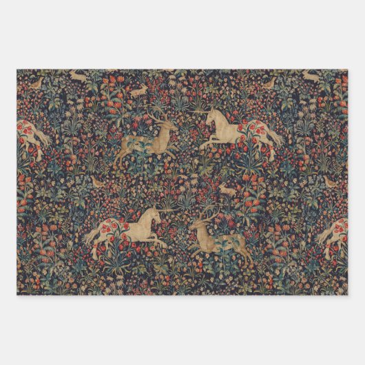 Mittelalterlicher Unicorn Mitternacht Blumengarten Geschenkpapier Set (Vorderseite 2)