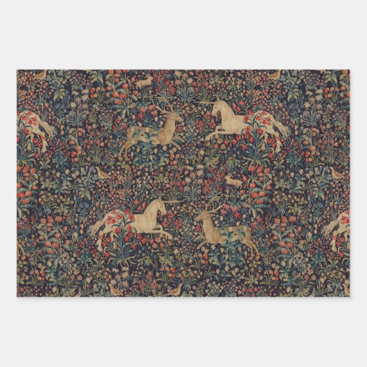 Mittelalterlicher Unicorn Mitternacht Blumengarten Geschenkpapier Set (Vorderseite)