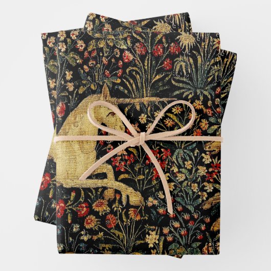 Mittelalterlicher Unicorn Mitternacht Blumengarten Geschenkpapier Set (Beispiel)