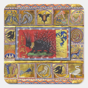 MITTELALTERLICHES BESTIARIUM, SCHWARZER IGELKÖNIG QUADRATISCHER AUFKLEBER